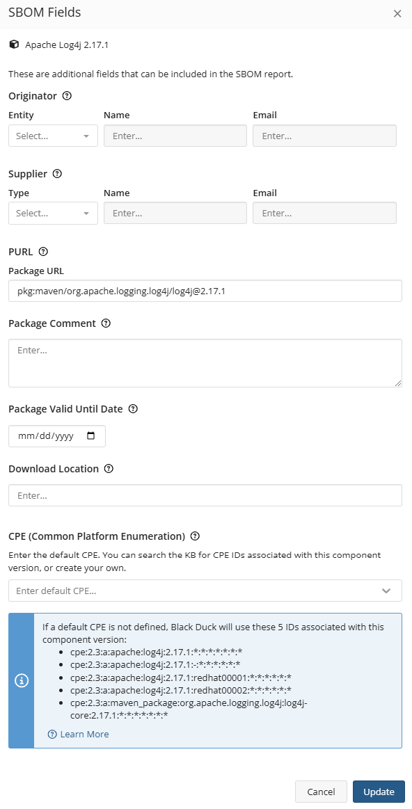 SBOM Fields dialog box